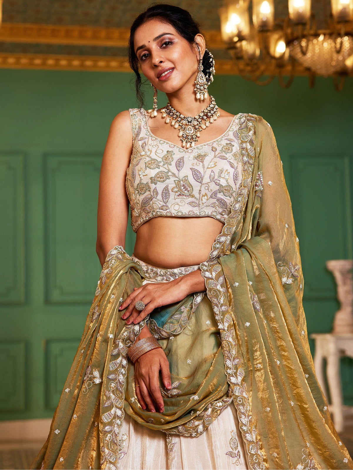 Ivory Gold Embroidered Bridal Lehenga Choli with Olive Green Dupatta