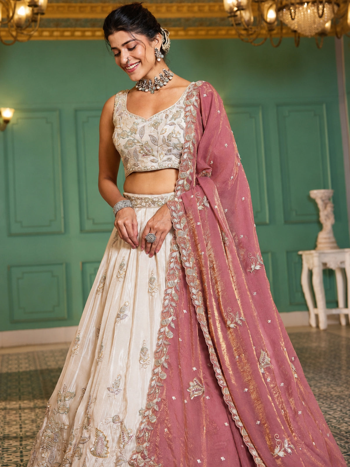 Ivory Gold Embroidered Bridal Lehenga Choli with Dusty Rose Dupatta