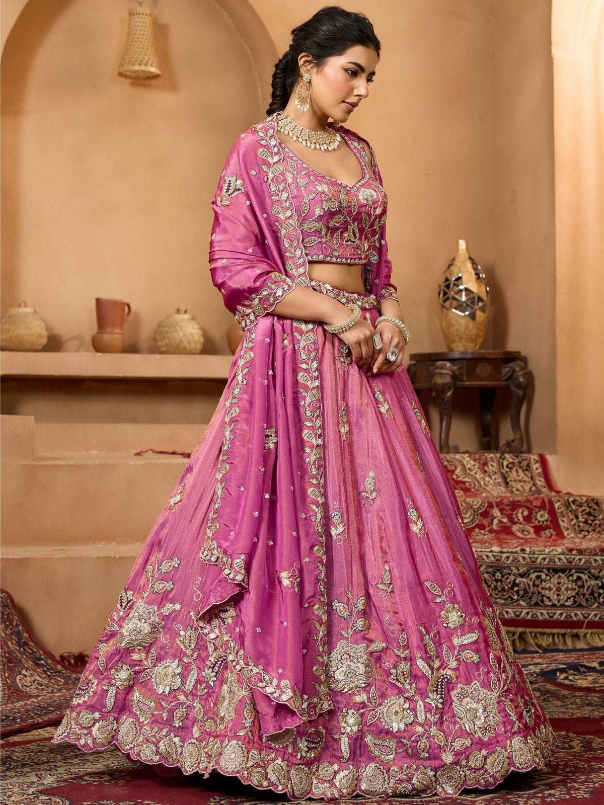 ROYAL RANI PINK PURE TISSUE LEHENGA SET