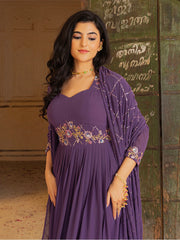 Royal Purple Anarkali Gown with Floral Embroidery and Matching Dupatta