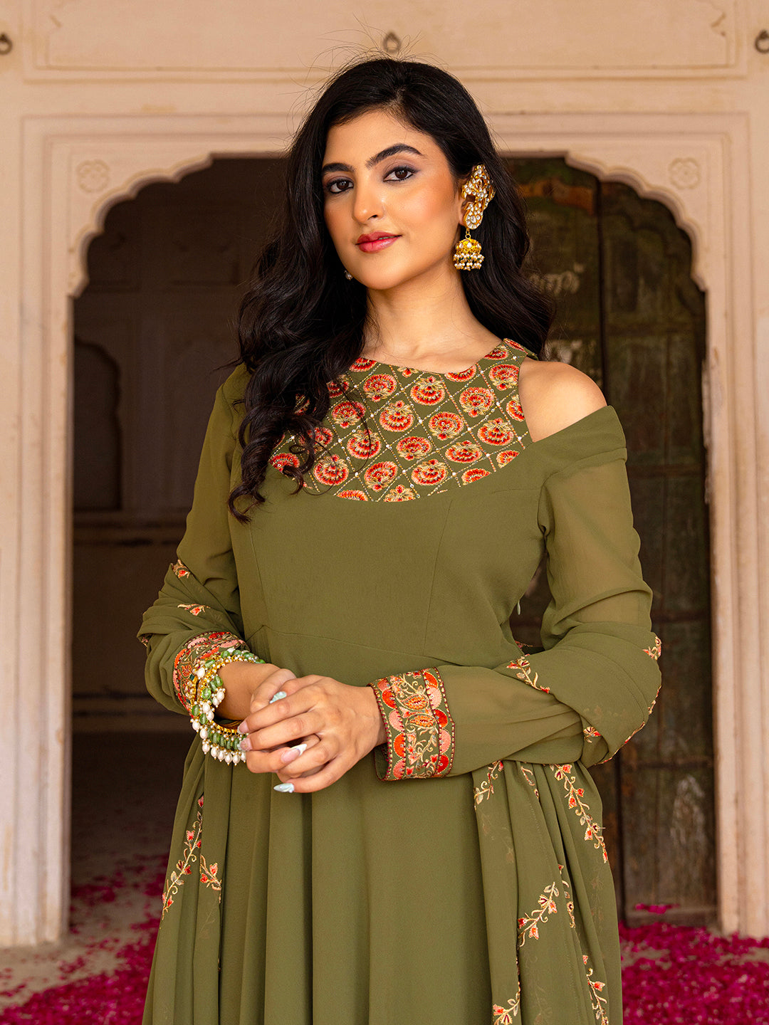 Olive Green Georgette Embroidered Anarkali with Dupatta