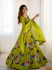 Olive Green Butterfly Print Embroidered Lehenga Choli Set