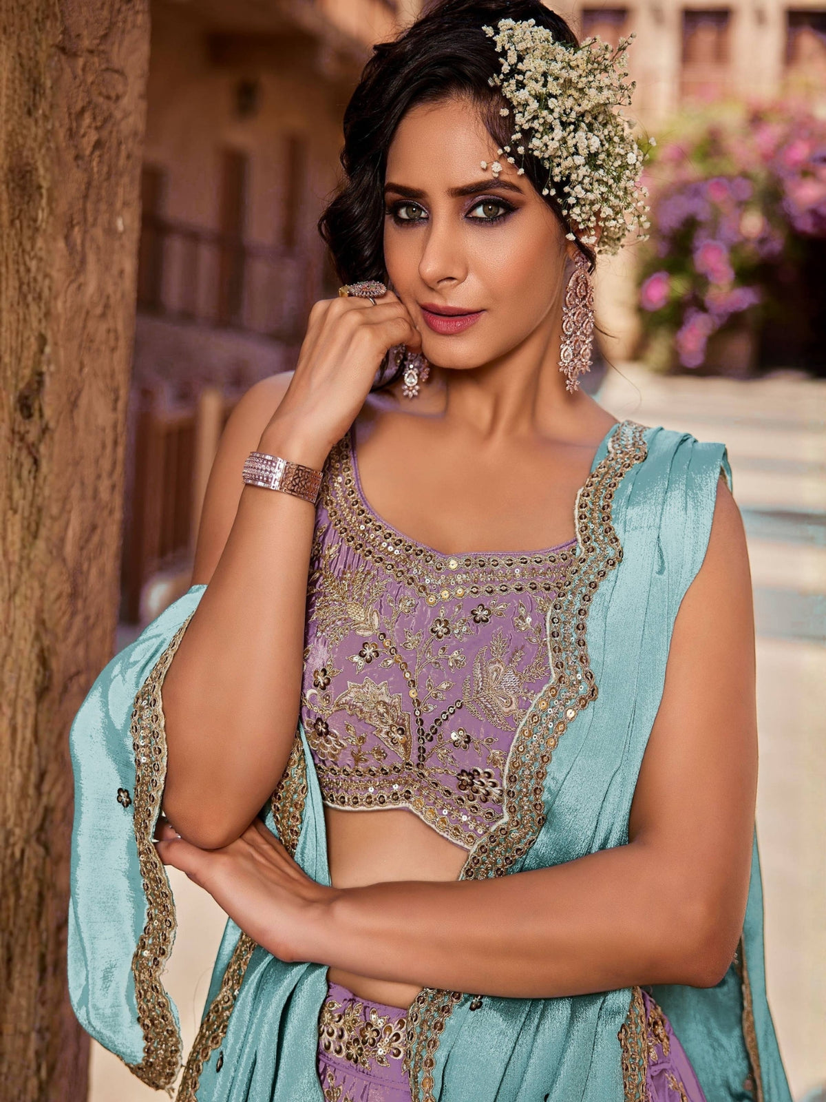 Lavender Embroidered Lehenga Choli with Aqua Blue Dupatta