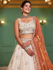 Ivory Gold Embroidered Bridal Lehenga Choli with Rust Orange Dupatta