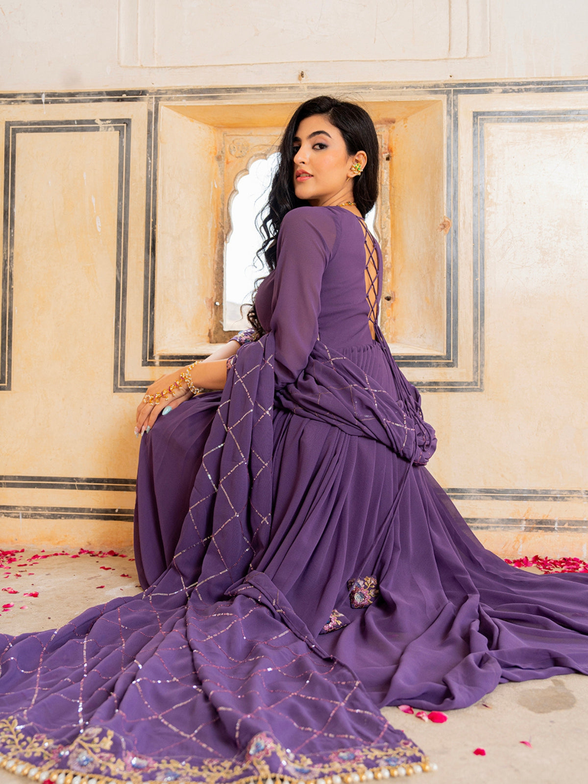 Royal Purple Anarkali Gown with Floral Embroidery and Matching Dupatta
