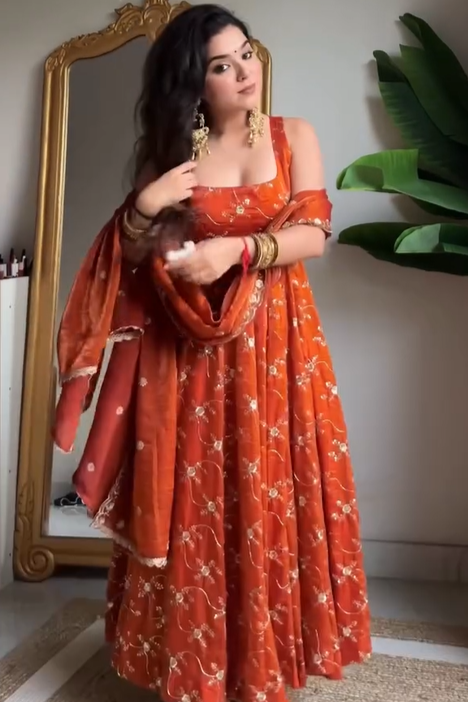 Classy Orange Pure Tissue Silk Anarkali Set with Hand Embroidery