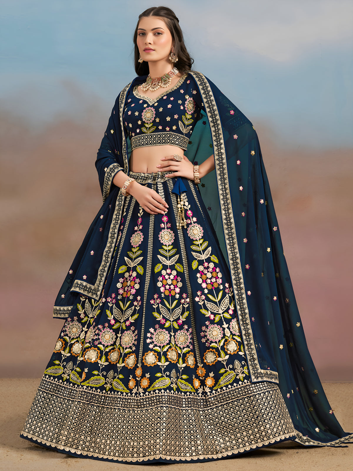 Navy Blue Floral Embroidered Bridal Lehenga Choli with Dupatta