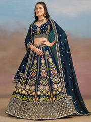 Navy Blue Floral Embroidered Bridal Lehenga Choli with Dupatta