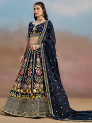 Navy Blue Floral Embroidered Bridal Lehenga Choli with Dupatta