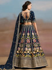 Navy Blue Floral Embroidered Bridal Lehenga Choli with Dupatta