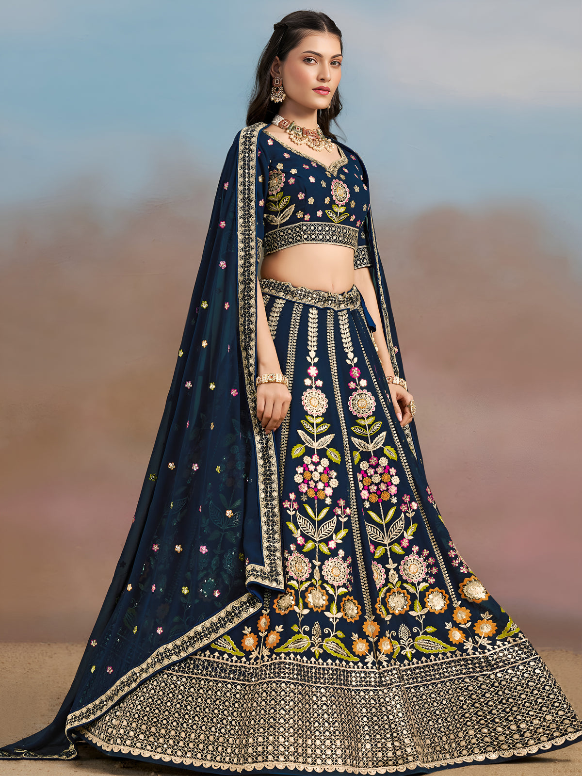 Navy Blue Floral Embroidered Bridal Lehenga Choli with Dupatta