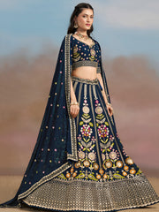 Navy Blue Floral Embroidered Bridal Lehenga Choli with Dupatta