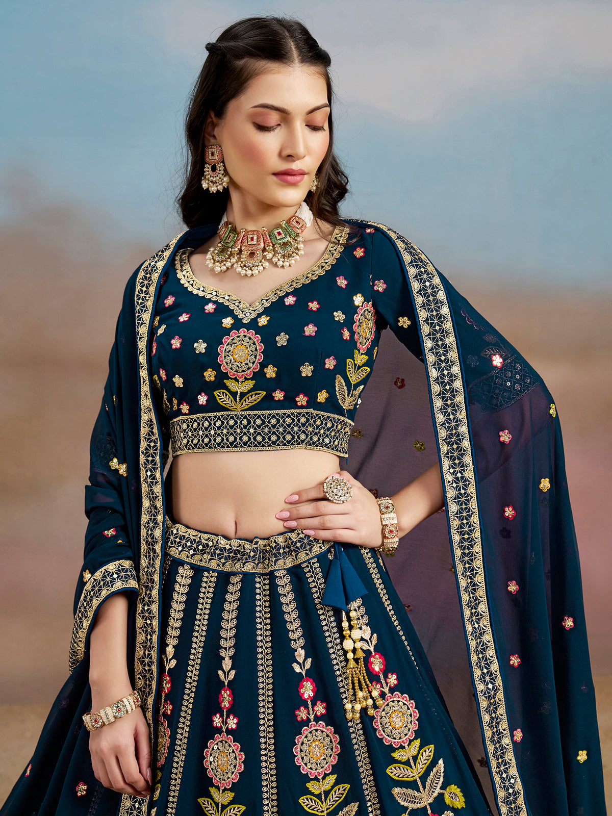 Navy Blue Floral Embroidered Bridal Lehenga Choli with Dupatta