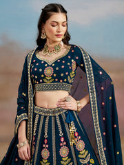 Navy Blue Floral Embroidered Bridal Lehenga Choli with Dupatta