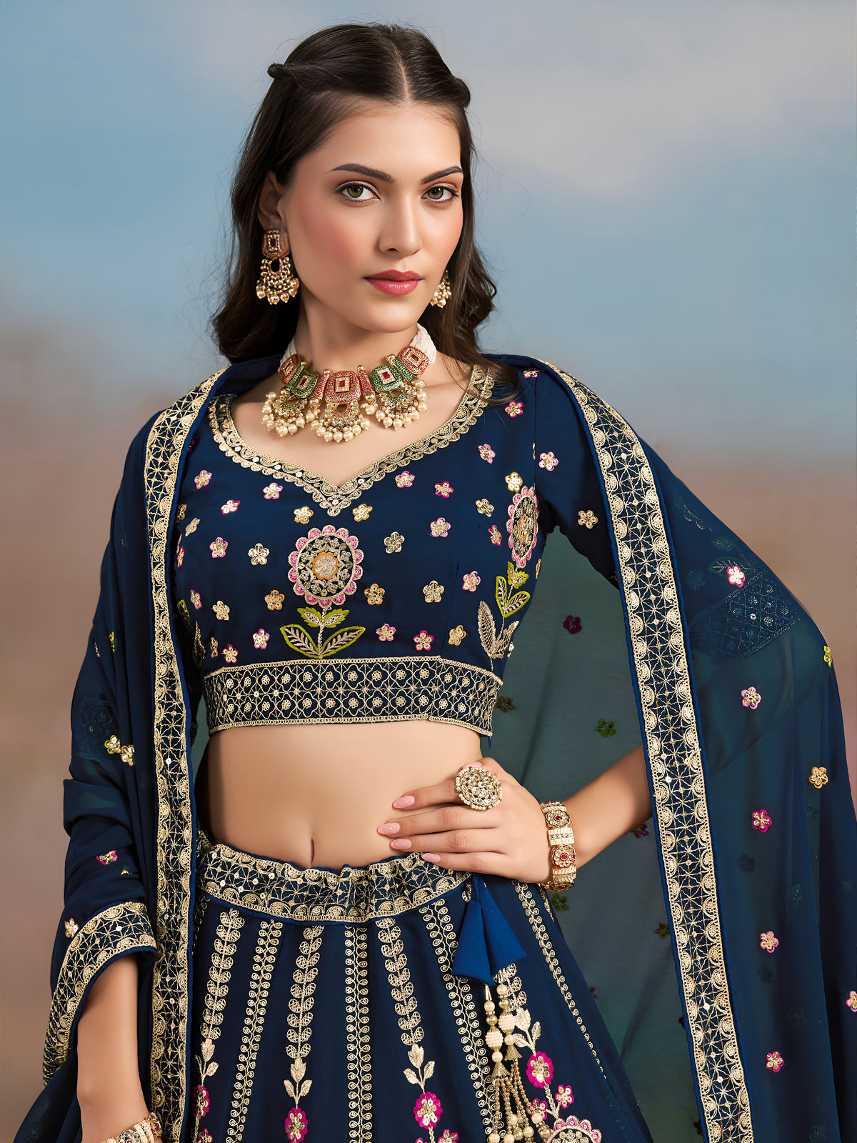 Navy Blue Floral Embroidered Bridal Lehenga Choli with Dupatta