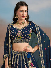Navy Blue Floral Embroidered Bridal Lehenga Choli with Dupatta