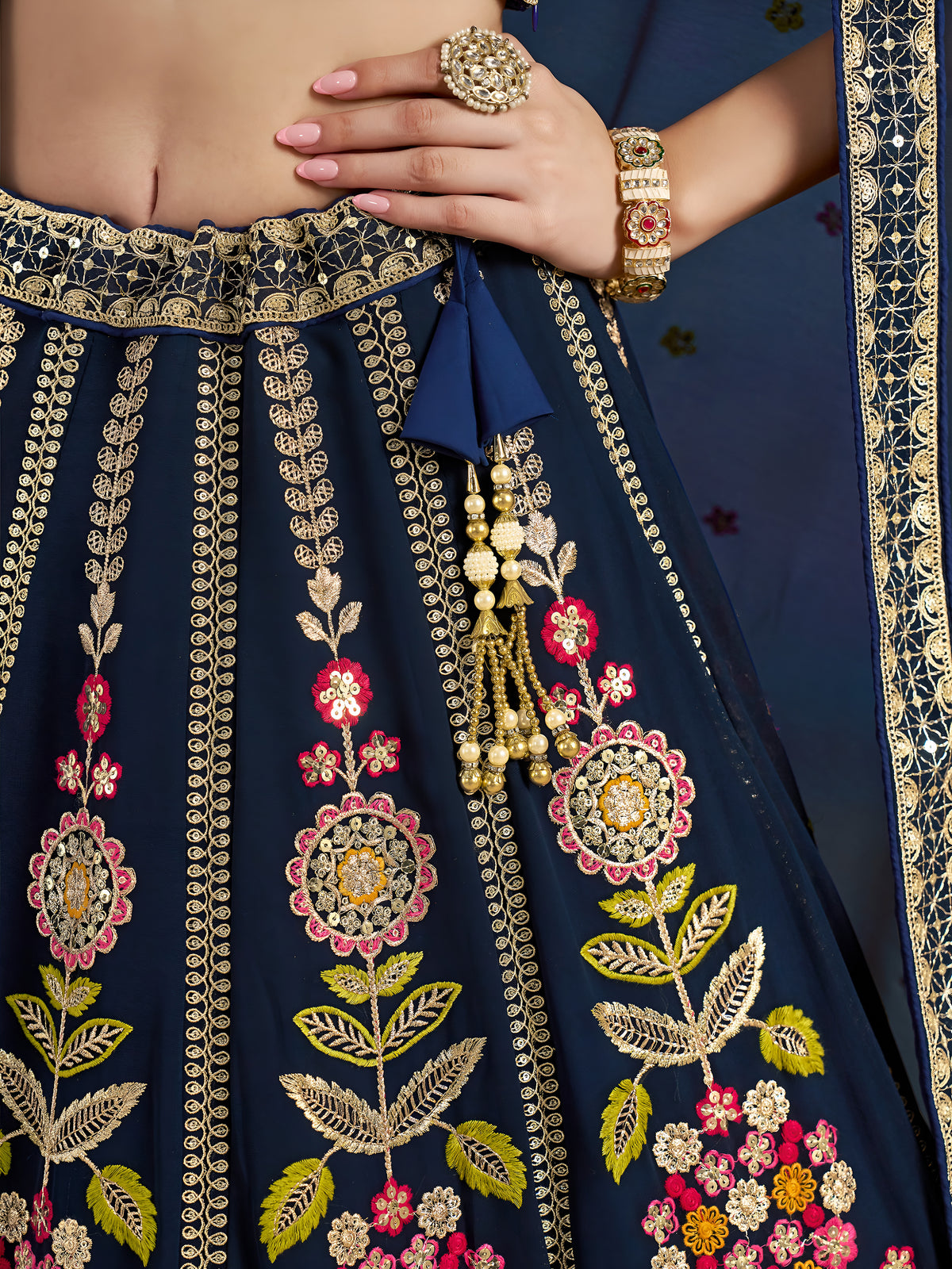 Navy Blue Floral Embroidered Bridal Lehenga Choli with Dupatta