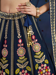 Navy Blue Floral Embroidered Bridal Lehenga Choli with Dupatta