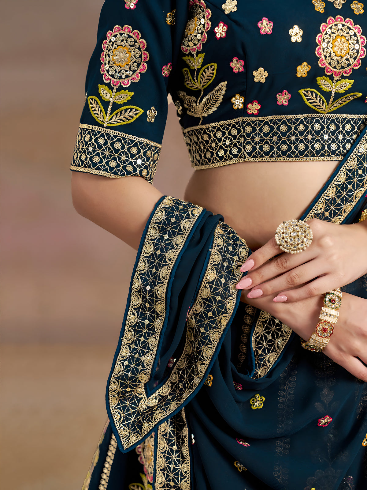 Navy Blue Floral Embroidered Bridal Lehenga Choli with Dupatta