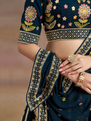 Navy Blue Floral Embroidered Bridal Lehenga Choli with Dupatta