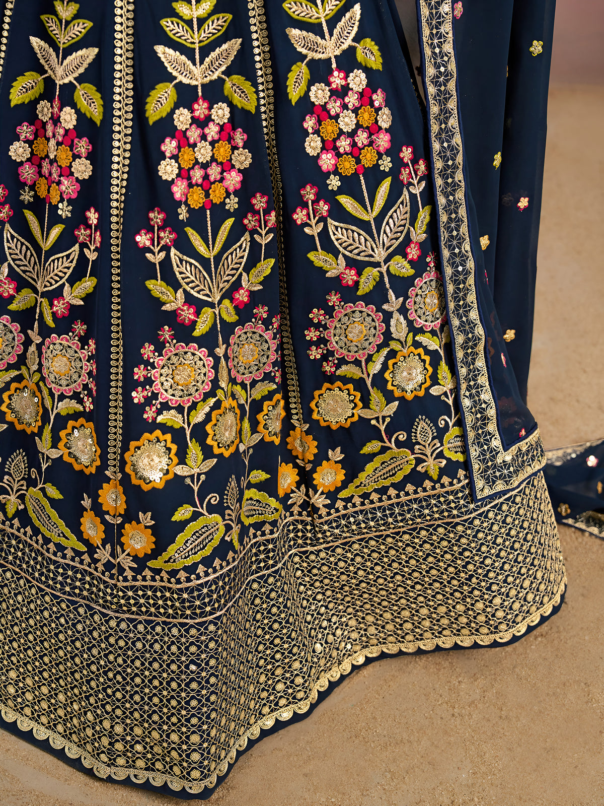 Navy Blue Floral Embroidered Bridal Lehenga Choli with Dupatta
