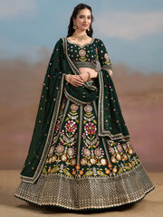 Dark Green Floral Embroidered Lehenga Choli with Dupatta