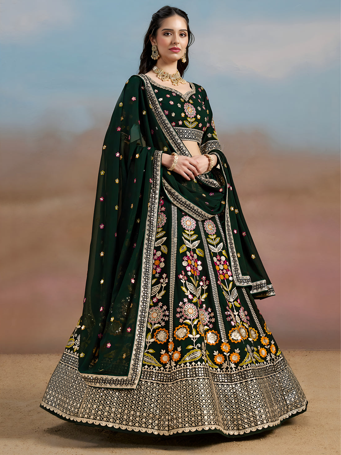 Dark Green Floral Embroidered Lehenga Choli with Dupatta