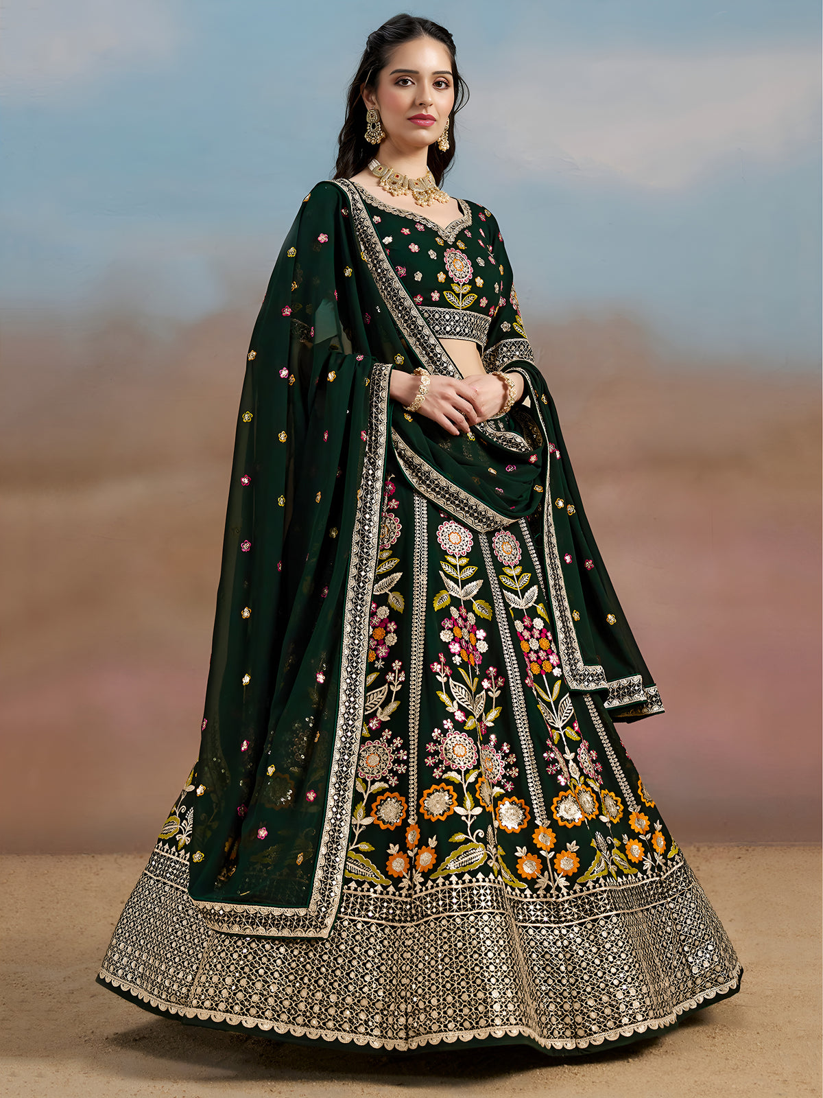 Dark Green Floral Embroidered Lehenga Choli with Dupatta