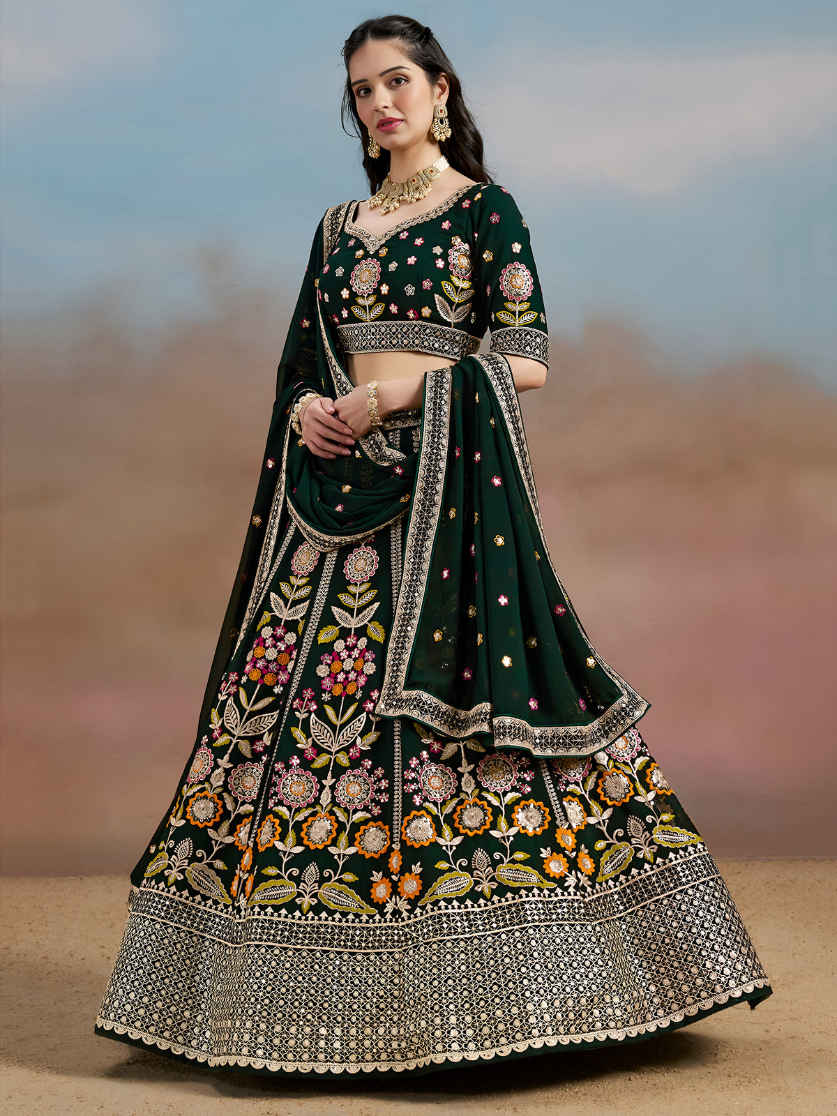 Dark Green Floral Embroidered Lehenga Choli with Dupatta