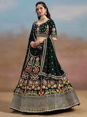 Dark Green Floral Embroidered Lehenga Choli with Dupatta