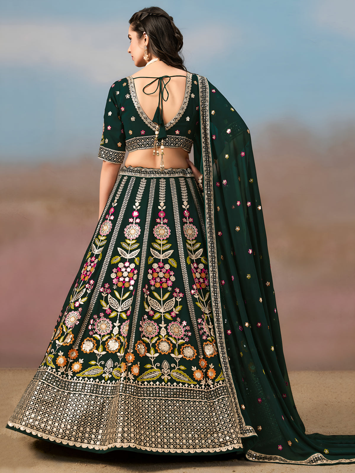 Dark Green Floral Embroidered Lehenga Choli with Dupatta
