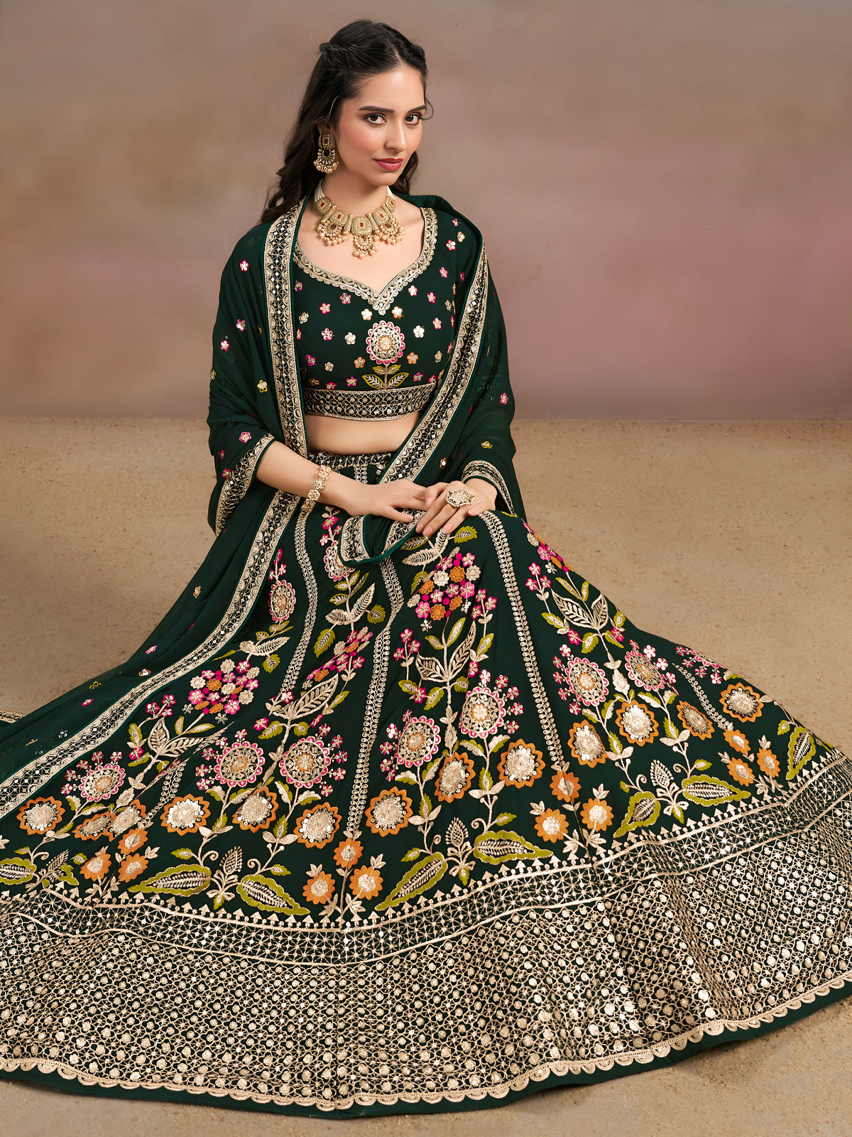 Dark Green Floral Embroidered Lehenga Choli with Dupatta