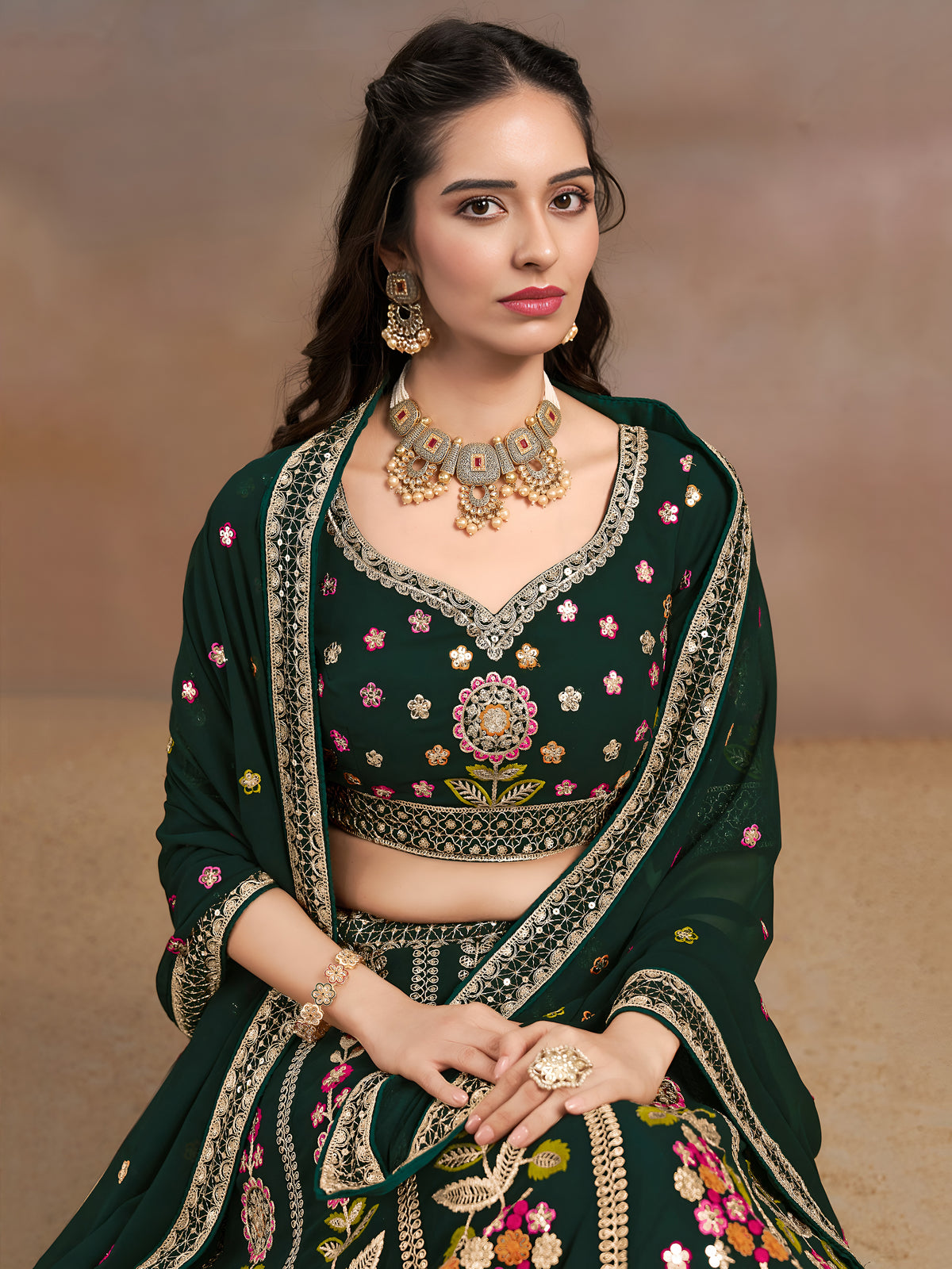 Dark Green Floral Embroidered Lehenga Choli with Dupatta