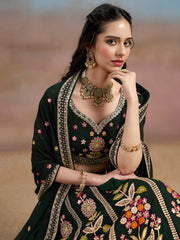 Dark Green Floral Embroidered Lehenga Choli with Dupatta