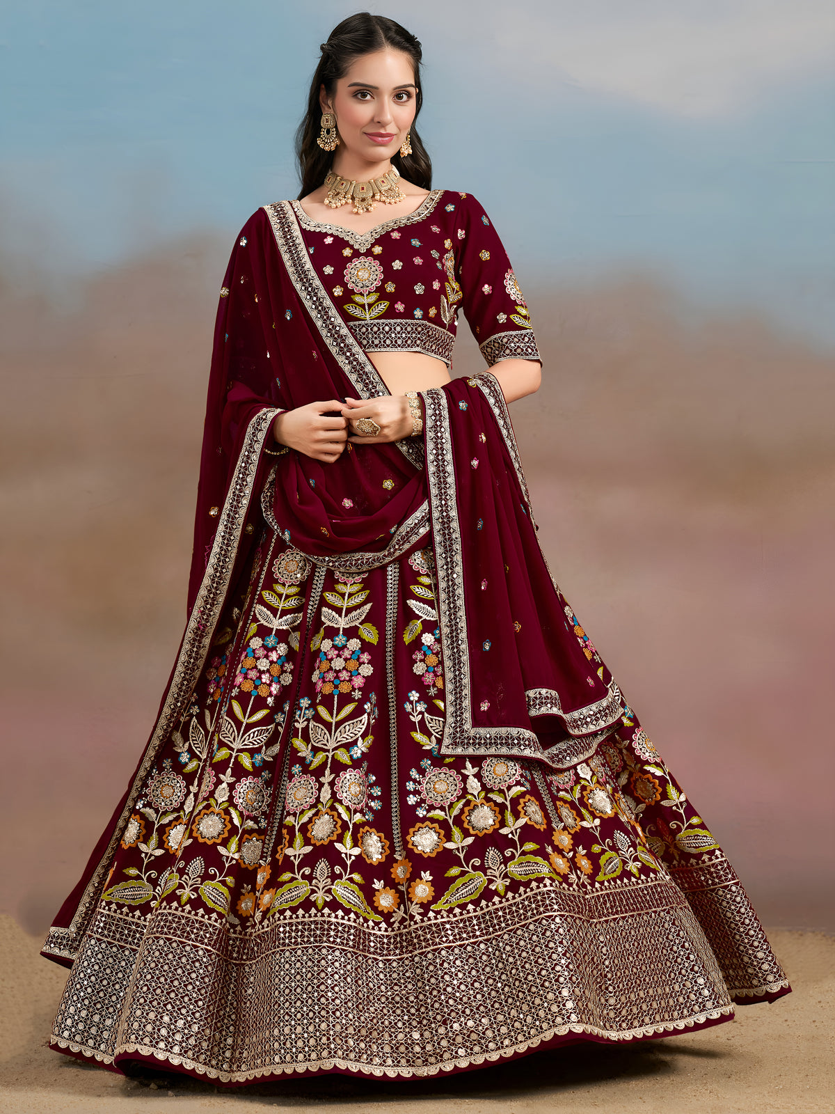 Maroon Floral Embroidered Lehenga Choli with Dupatta