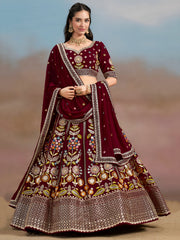 Maroon Floral Embroidered Lehenga Choli with Dupatta