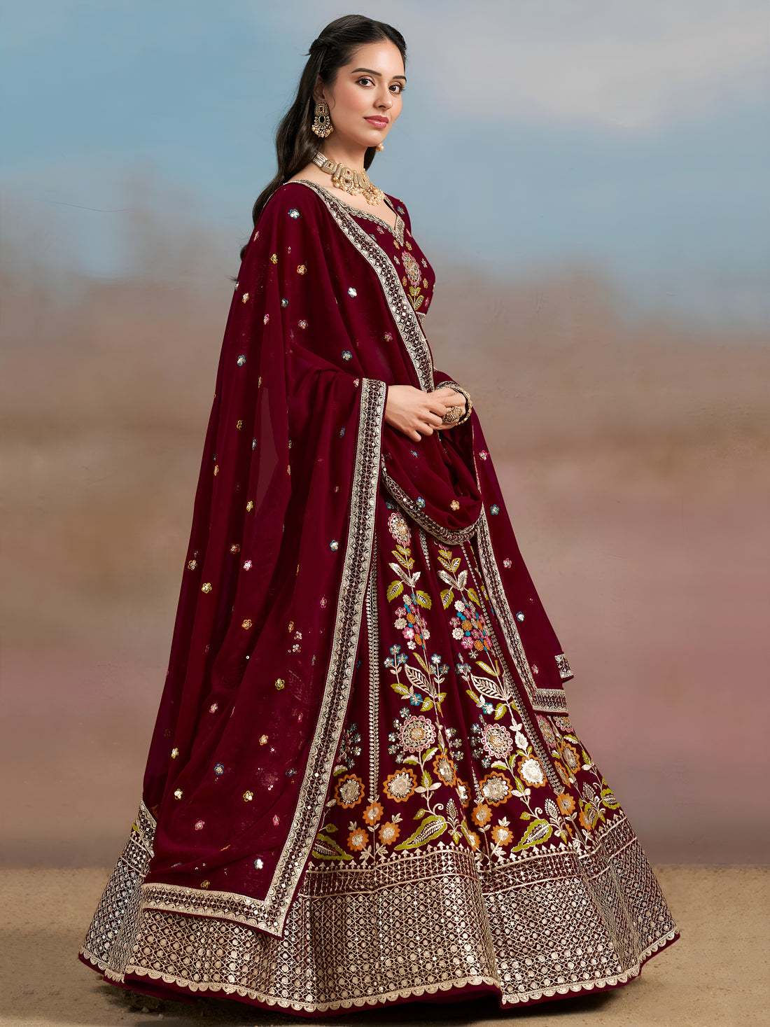Maroon Floral Embroidered Lehenga Choli with Dupatta