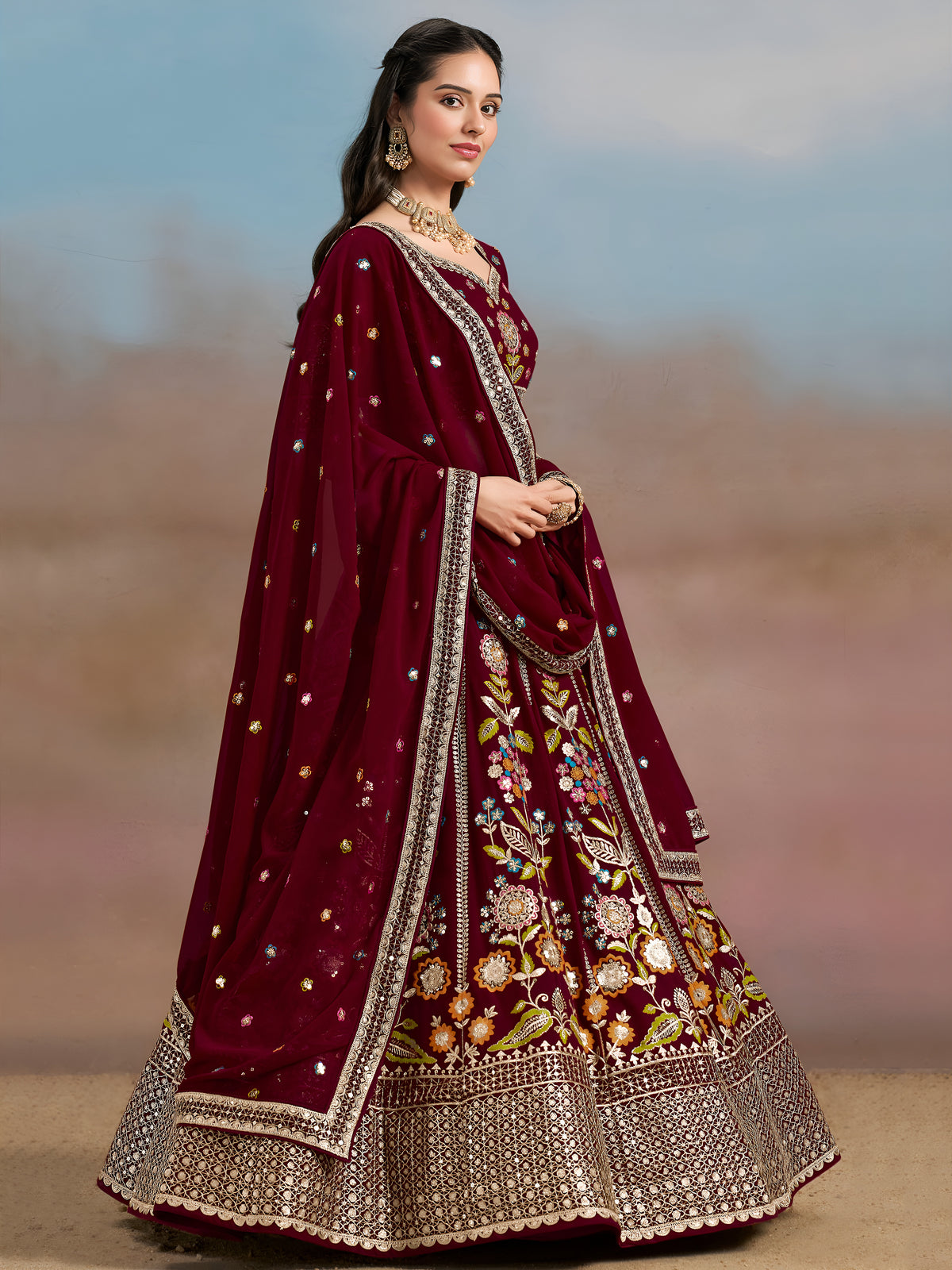 Maroon Floral Embroidered Lehenga Choli with Dupatta