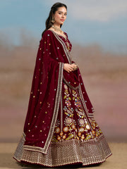 Maroon Floral Embroidered Lehenga Choli with Dupatta