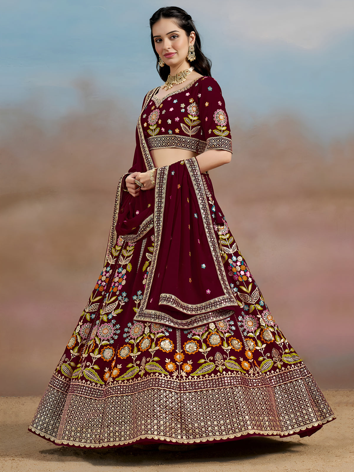 Maroon Floral Embroidered Lehenga Choli with Dupatta