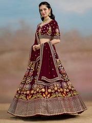 Maroon Floral Embroidered Lehenga Choli with Dupatta