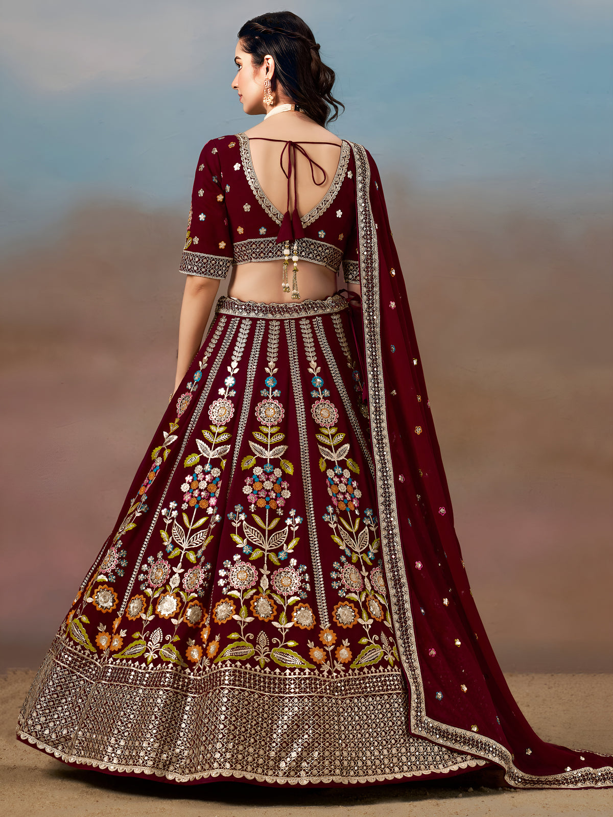 Maroon Floral Embroidered Lehenga Choli with Dupatta