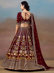 Maroon Floral Embroidered Lehenga Choli with Dupatta