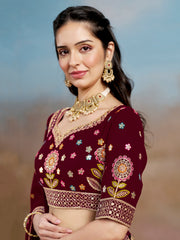 Maroon Floral Embroidered Lehenga Choli with Dupatta