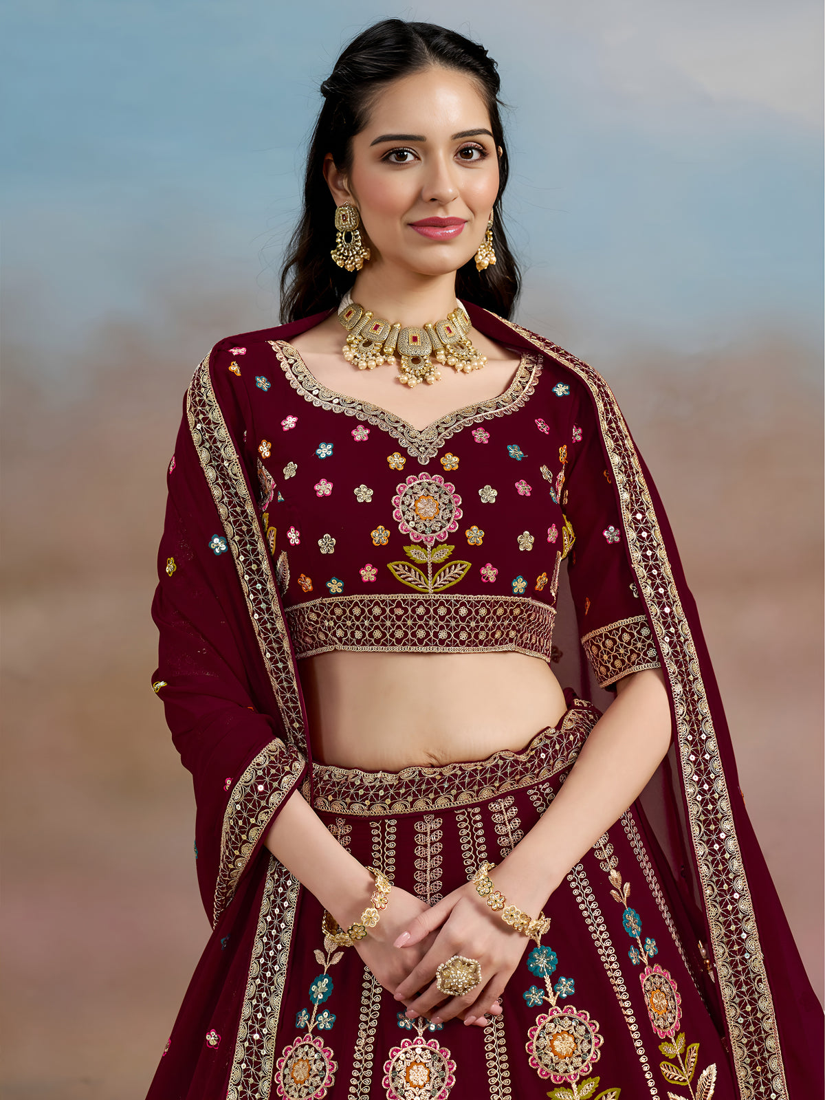 Maroon Floral Embroidered Lehenga Choli with Dupatta
