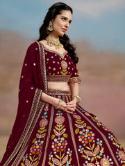 Maroon Floral Embroidered Lehenga Choli with Dupatta