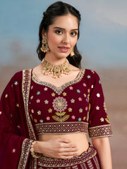 Maroon Floral Embroidered Lehenga Choli with Dupatta