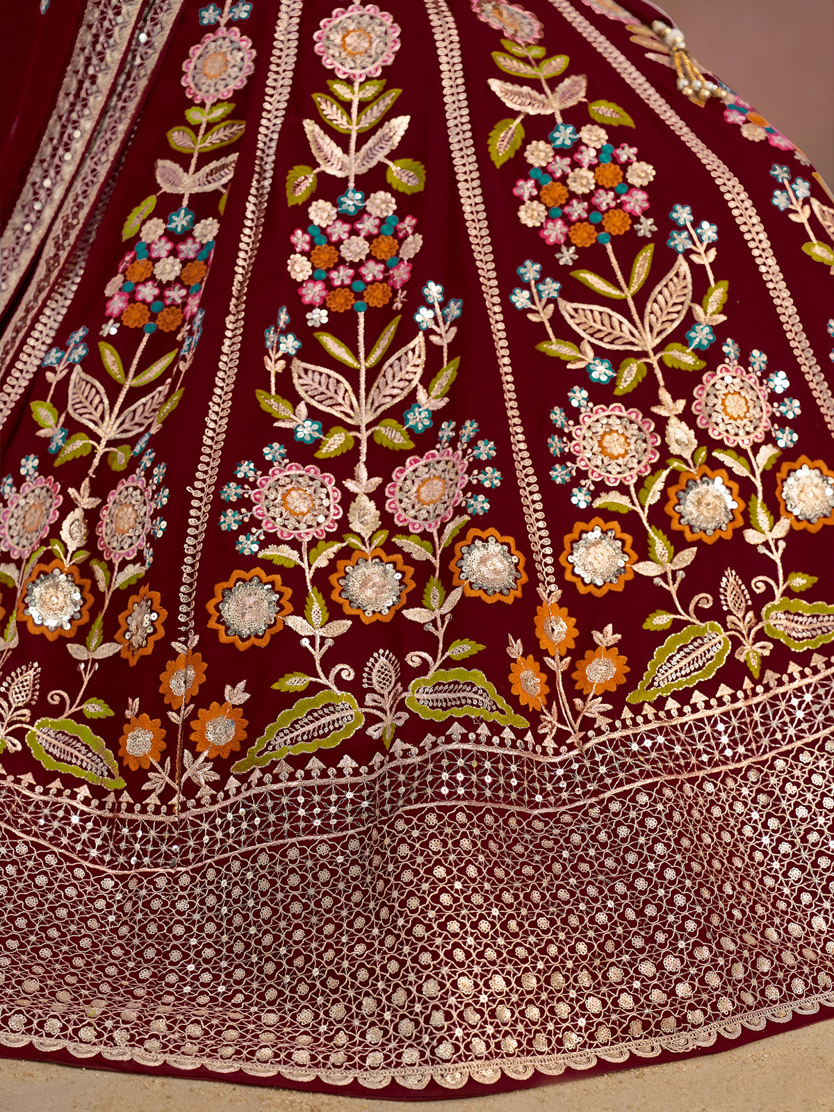 Maroon Floral Embroidered Lehenga Choli with Dupatta
