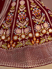 Maroon Floral Embroidered Lehenga Choli with Dupatta