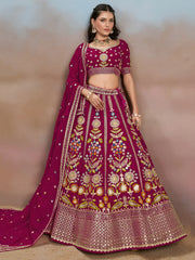 Rani Pink Floral Embroidered Lehenga Choli with Dupatta
